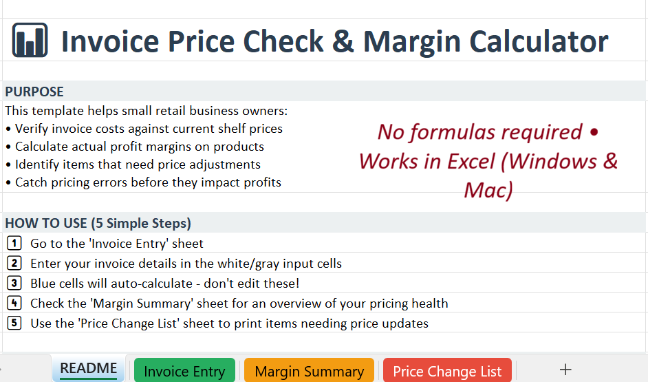 Excel invoice price check instructions showing step-by-step setup for small retail businesses
